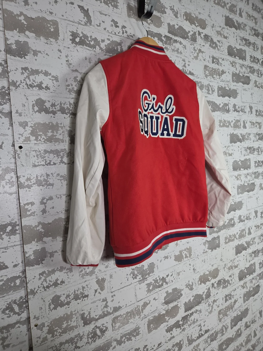Justice Girls Varsity Bomber Jacket 12/14 L Red Cream Girl Squad Cat Sequin Coat